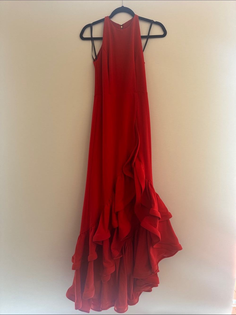 Betsey & Adam Long Red Ruffle Halter Gown